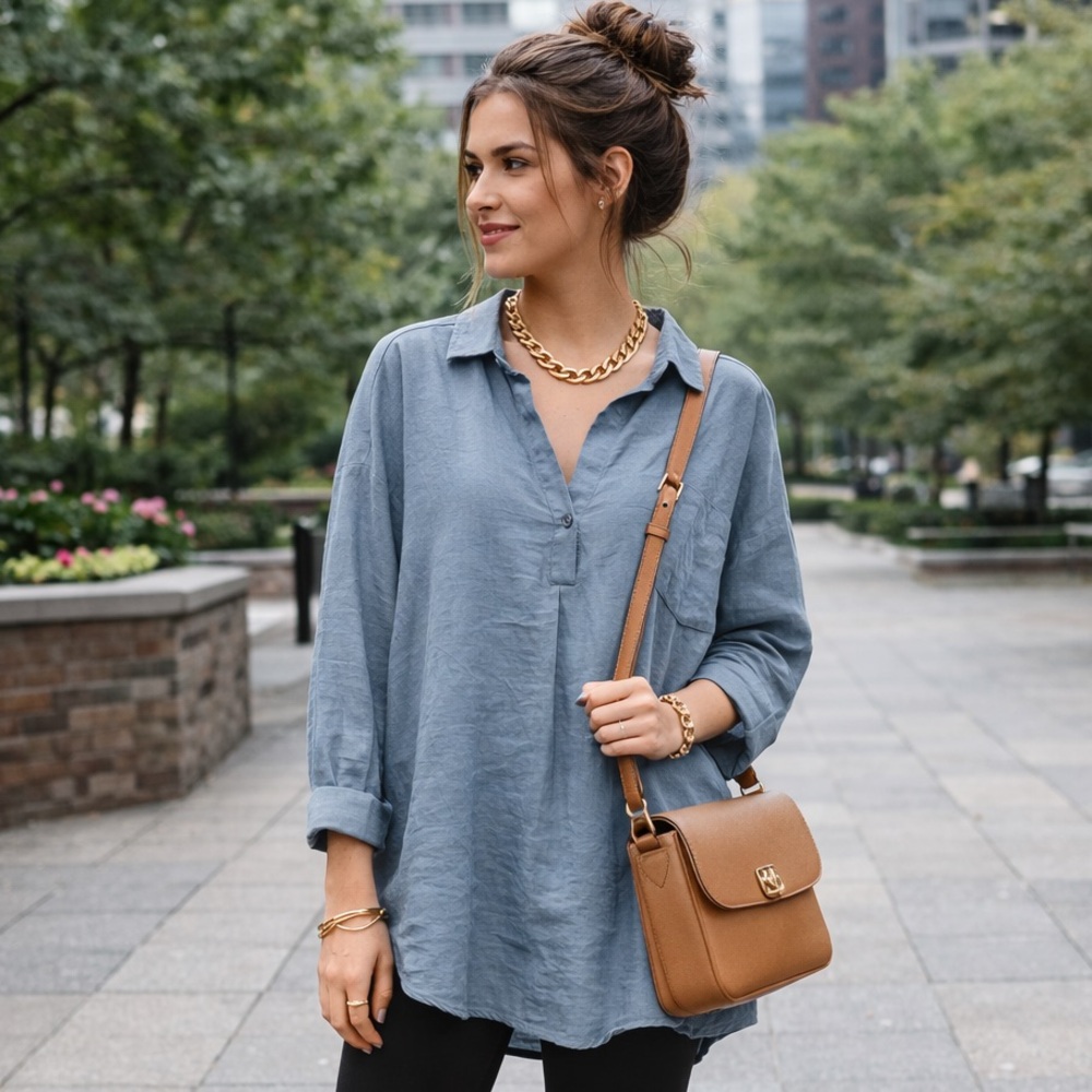 Risen Los Angeles Linen Blend Dusty Blue Oversized Tunic Shirt Longsleeve Trendy